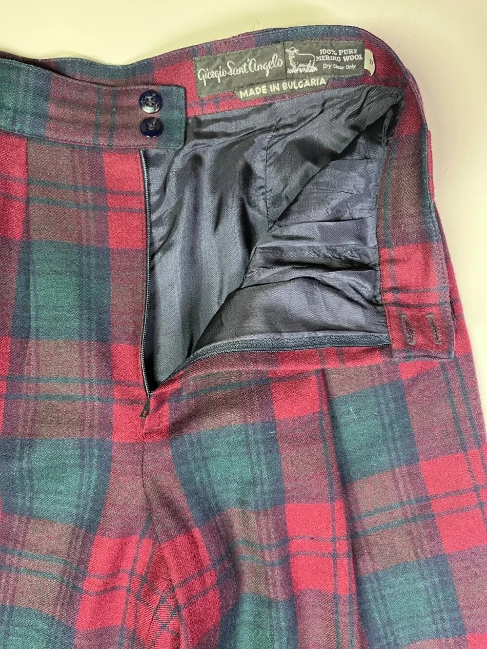 Vintage Giorgio Sant'Angelo Size 12 Wool Plaid Trousers Pleat-Front Lined